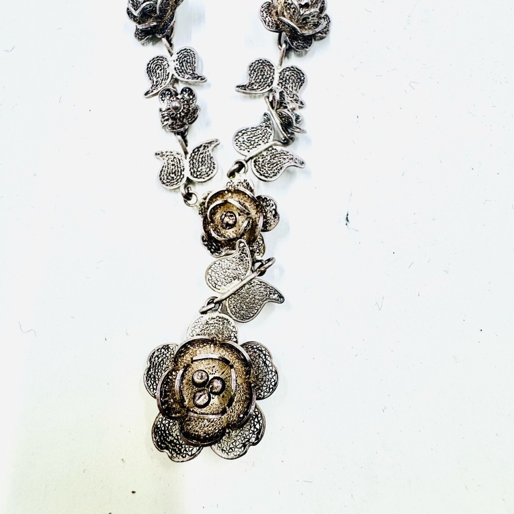 Rare ANTIQUE FILIGREE ROSE BLOSSOM STERING SILVER Necklace & Earrings Set - Picture 2 of 6